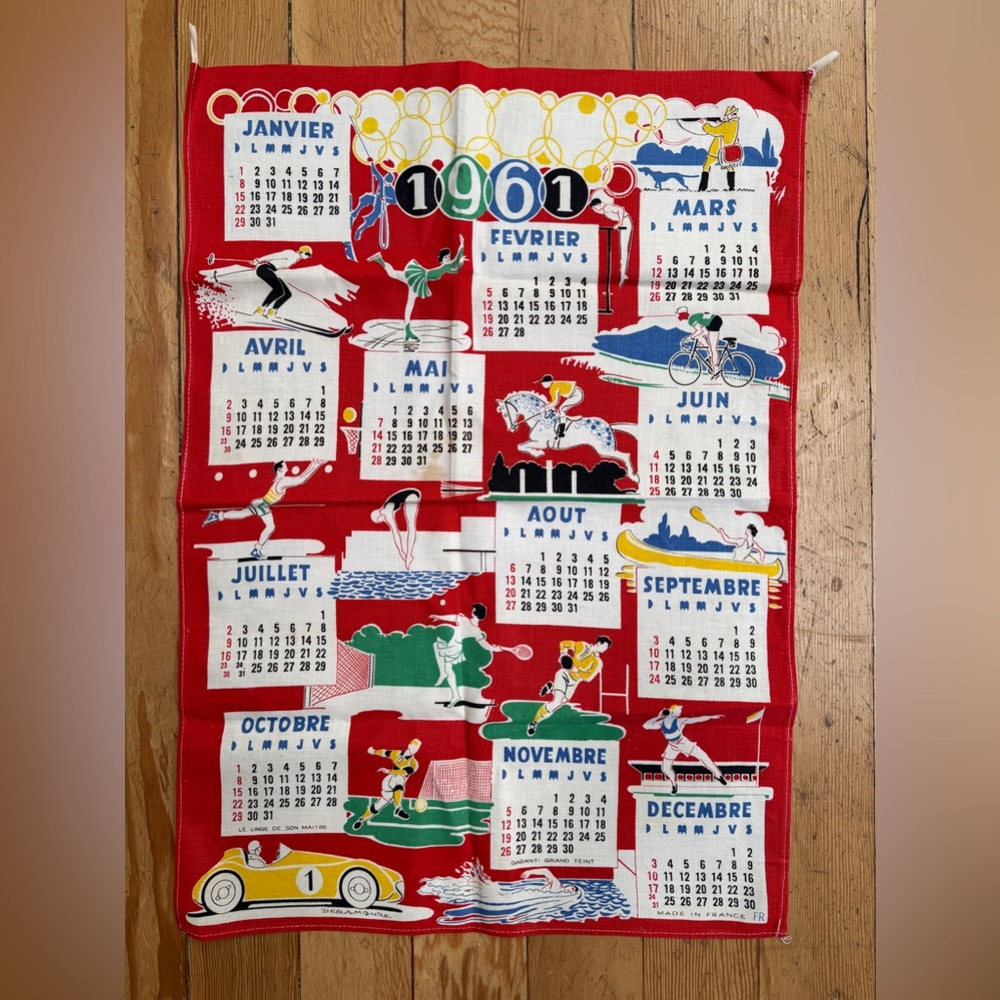 Vintage 1961 Calendar Dishtowel - Made in France by Derambure
